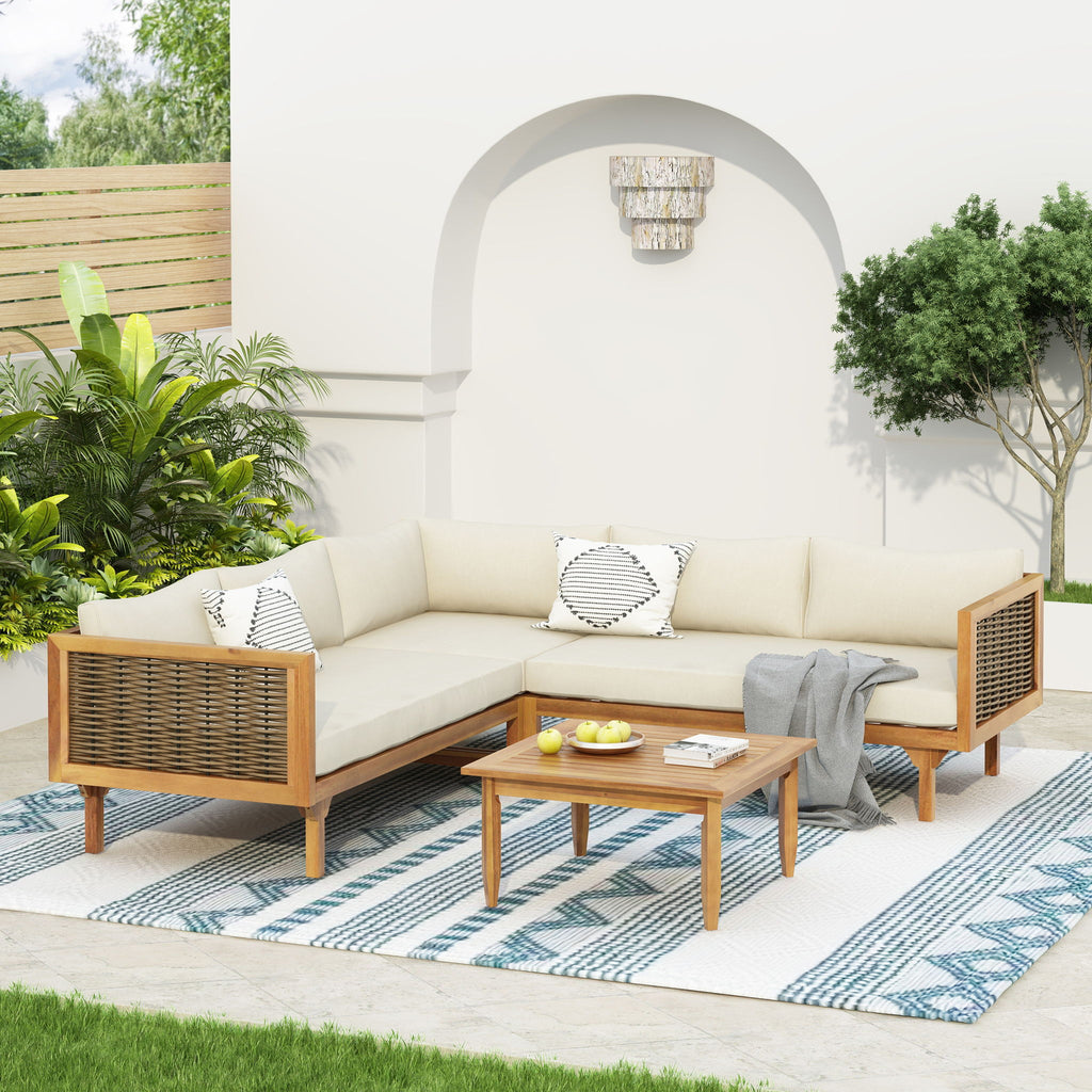 Premium Outdoor Sofa Set With Waterproof Cushions Sectional Seating Group With Acacia Wood And Wicker - Brown Mix / Beige