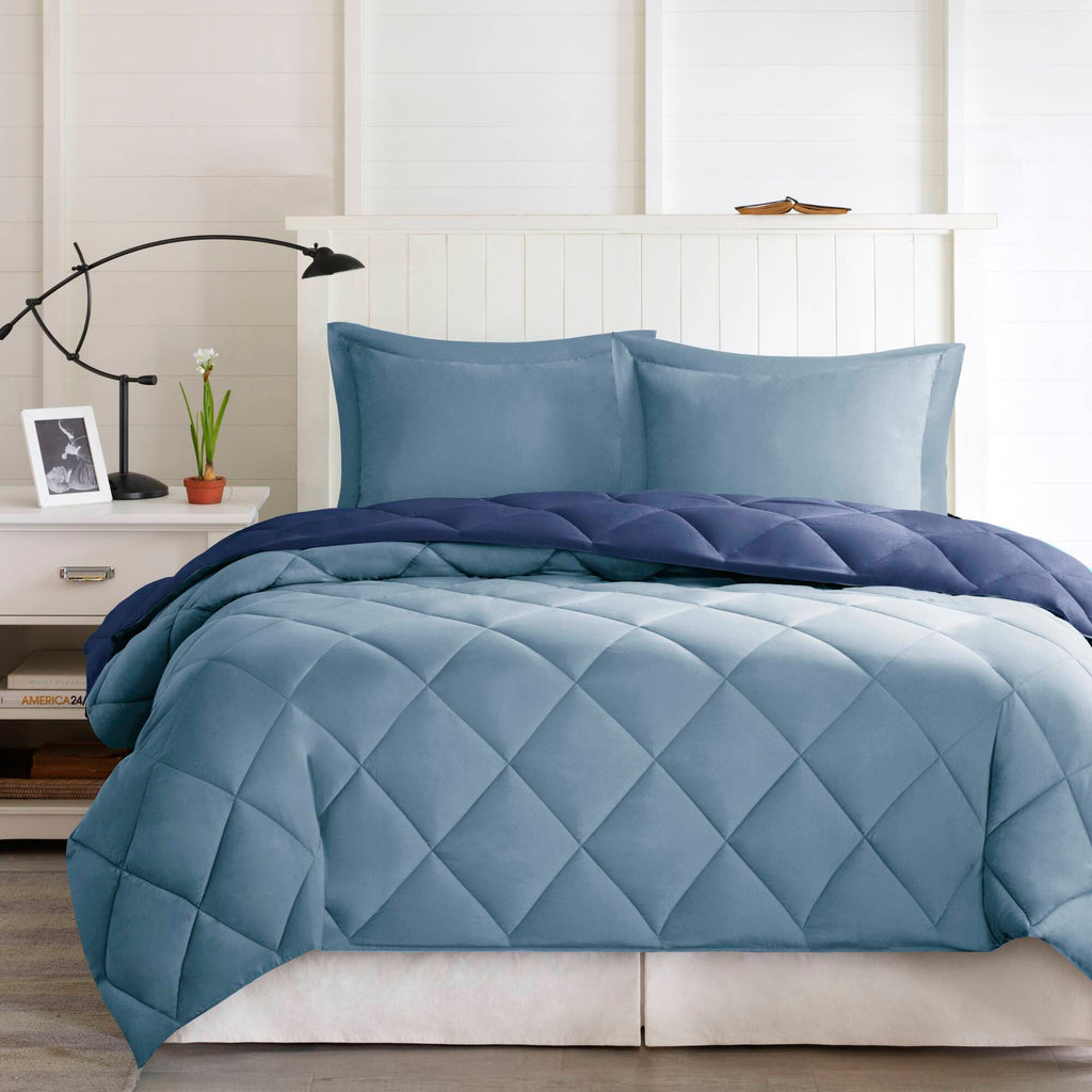 Larkspur - King 3M Scotchgard Diamond Quilting Reversible Down Alternative Comforter Set - Navy / Light Blue