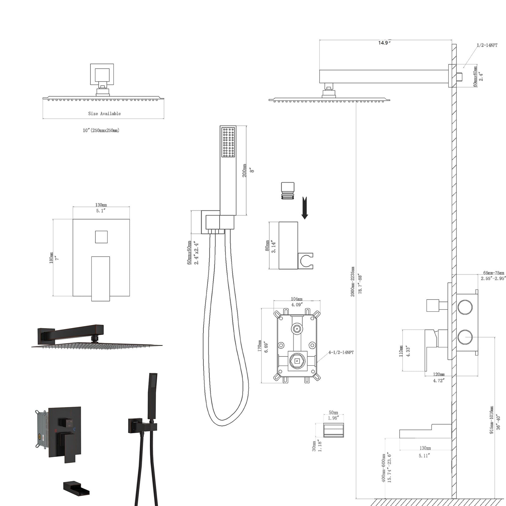 10" Wall Mounted Square Shower System With Rough In Valve