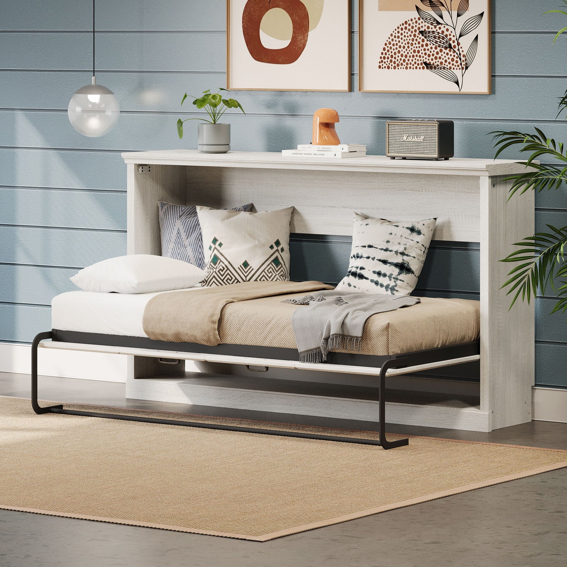 Twin Size Horizontal Murphy Bed With Dual Piston System, Space Saving Wall Bed Folds Into Cabinet - Rustic White