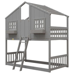 House Bunk Bed With Roof, Window, Window Box, Door, With Safety Guardrails And Ladder