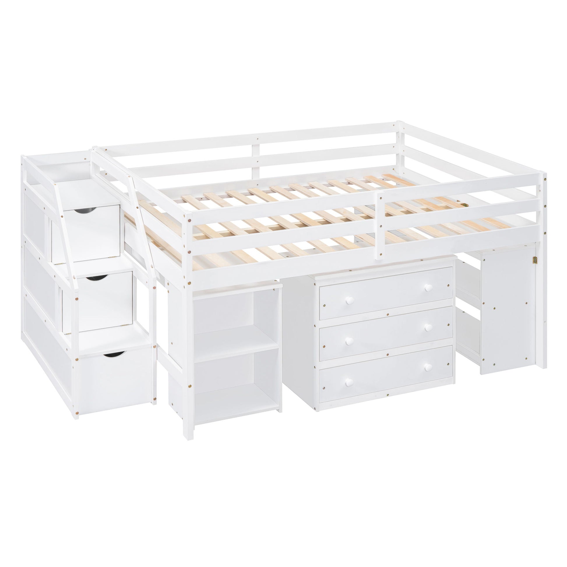 Loft Bed With Retractable Writing Desk And 3 Drawers With Storage Stairs And Shelves