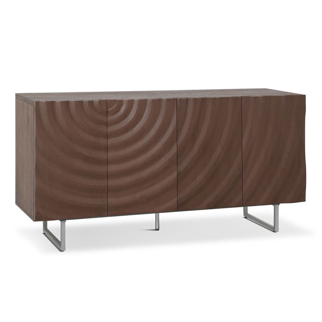 Modern Sculptural Sideboard, Ripple Doors, Adjustable Shelves, Metal Legs - Brown / Silver