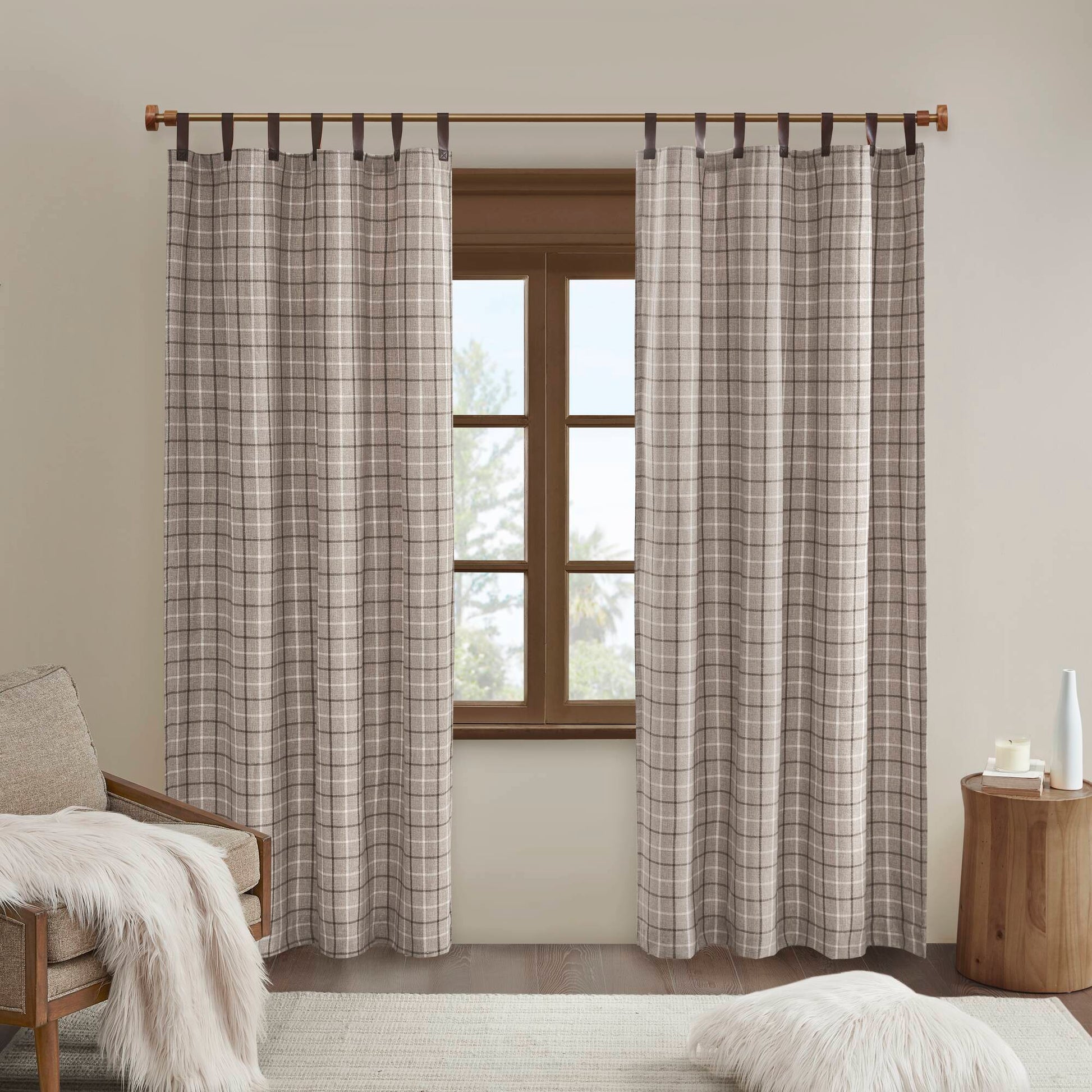 Anaheim - 50" x 108" Plaid Faux Leather Tab Top Curtain Panel With Fleece Lining - Brown