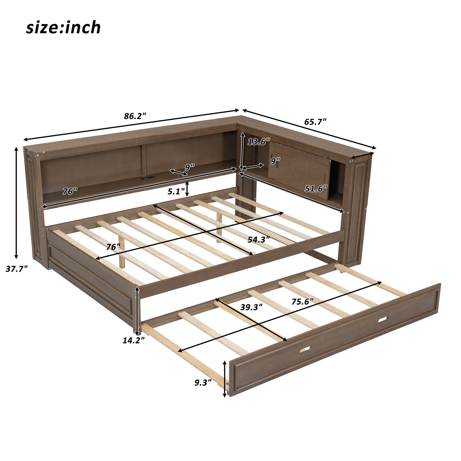 Daybed With Storage Shelves, LED, USB, And Trundle