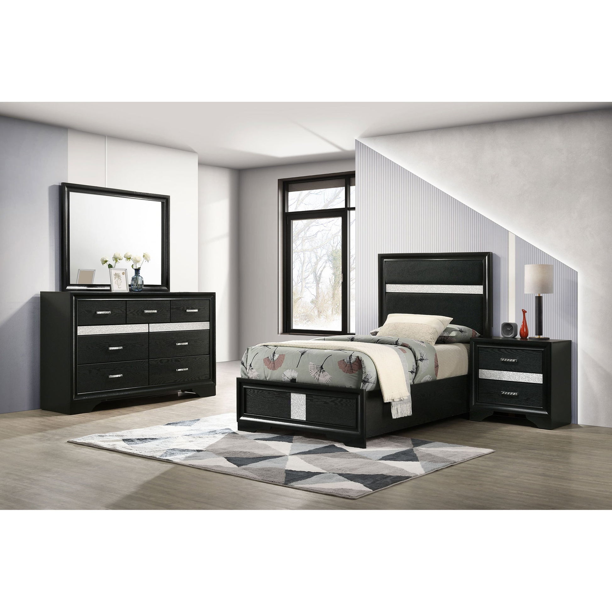 Modern Bedroom Set With Upholstered Headboard And Textured Storage