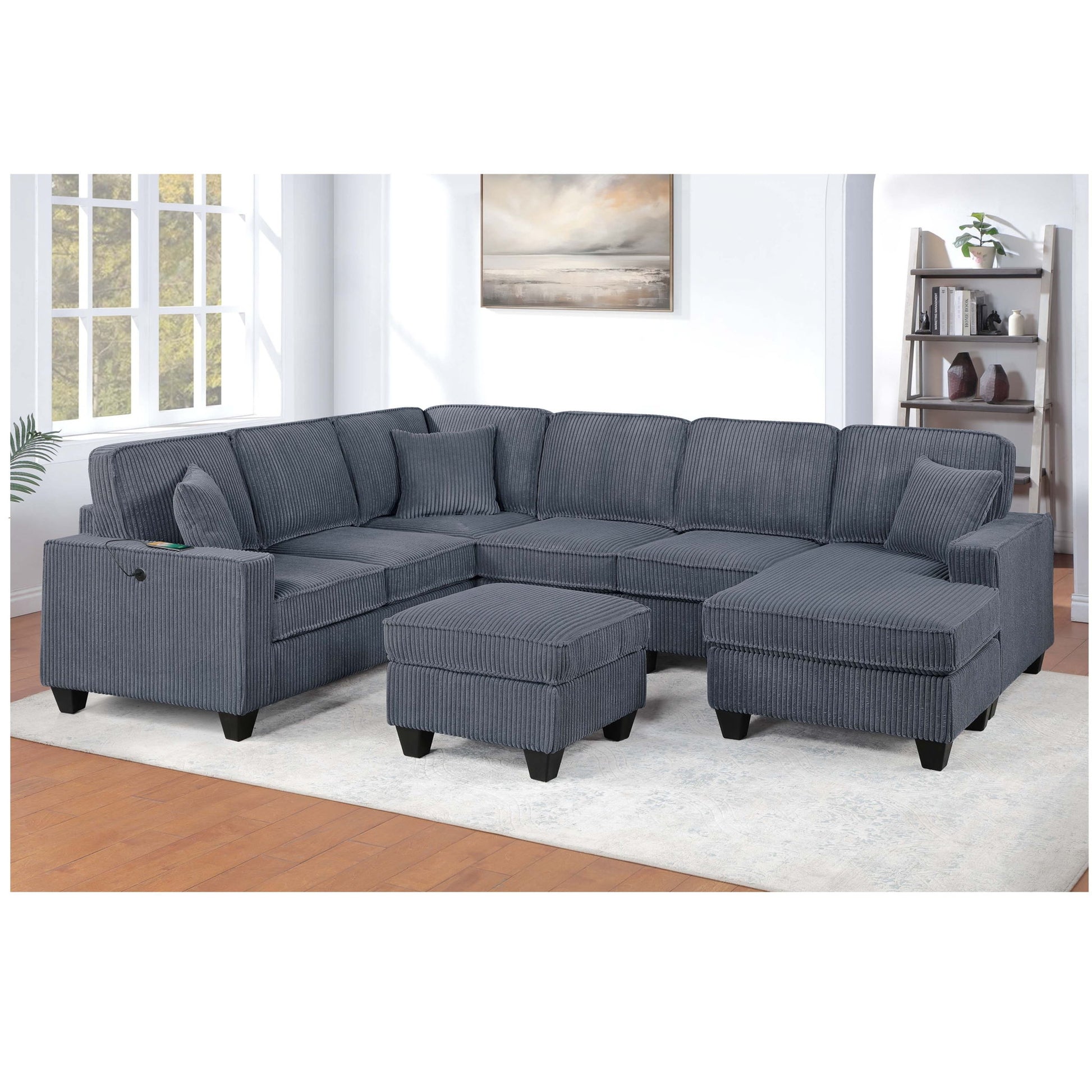 Left Arm Facing Loveseat With USB Port 5 Piece Sectional Set Corner Wedge Armless Chair Cocktail Ottoman Upholstered Living Room Furniture - Dark Gray