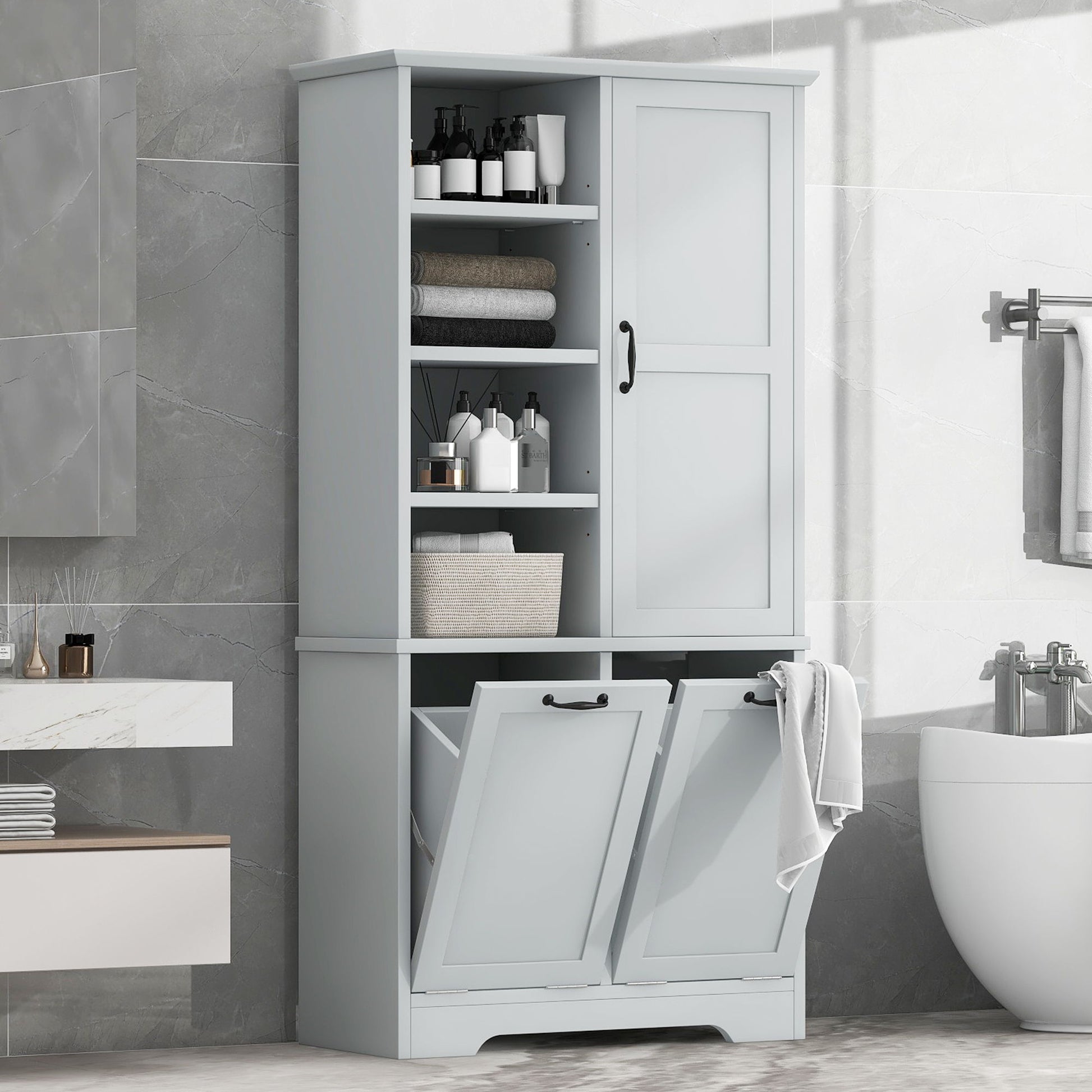 Freestanding Bathroom Storage Cabinet With Doors And Drawers, Adjustable Shelves, Tilt-Out Laundry Hamper