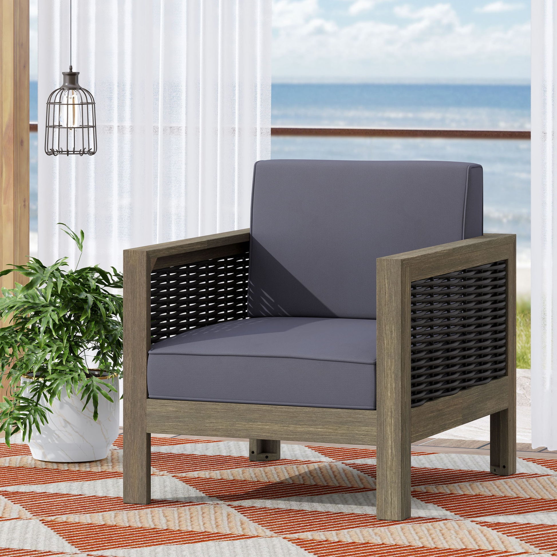 Outdoor Acacia Wood Club Chair With Wicker Accents