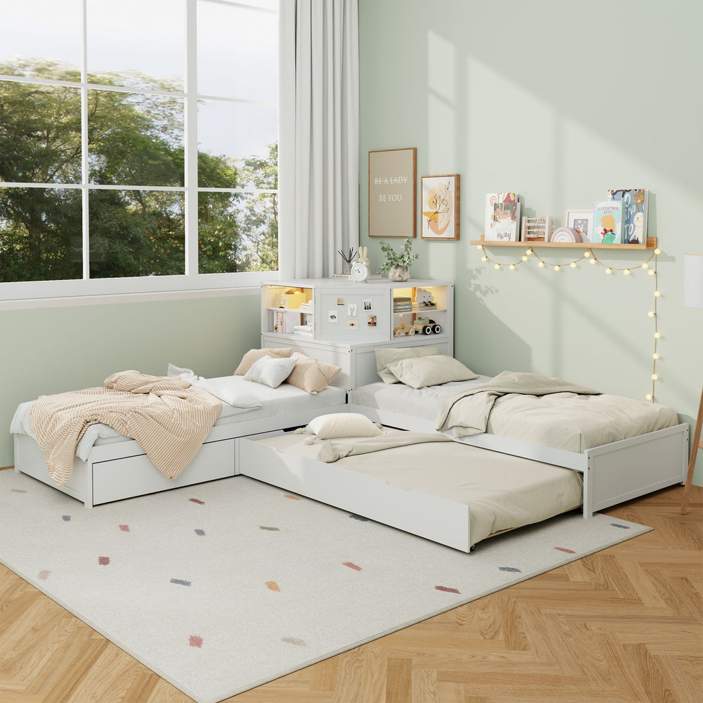 L-Shaped Bed Frame With Trundle, Built In Desk & LED Lighting