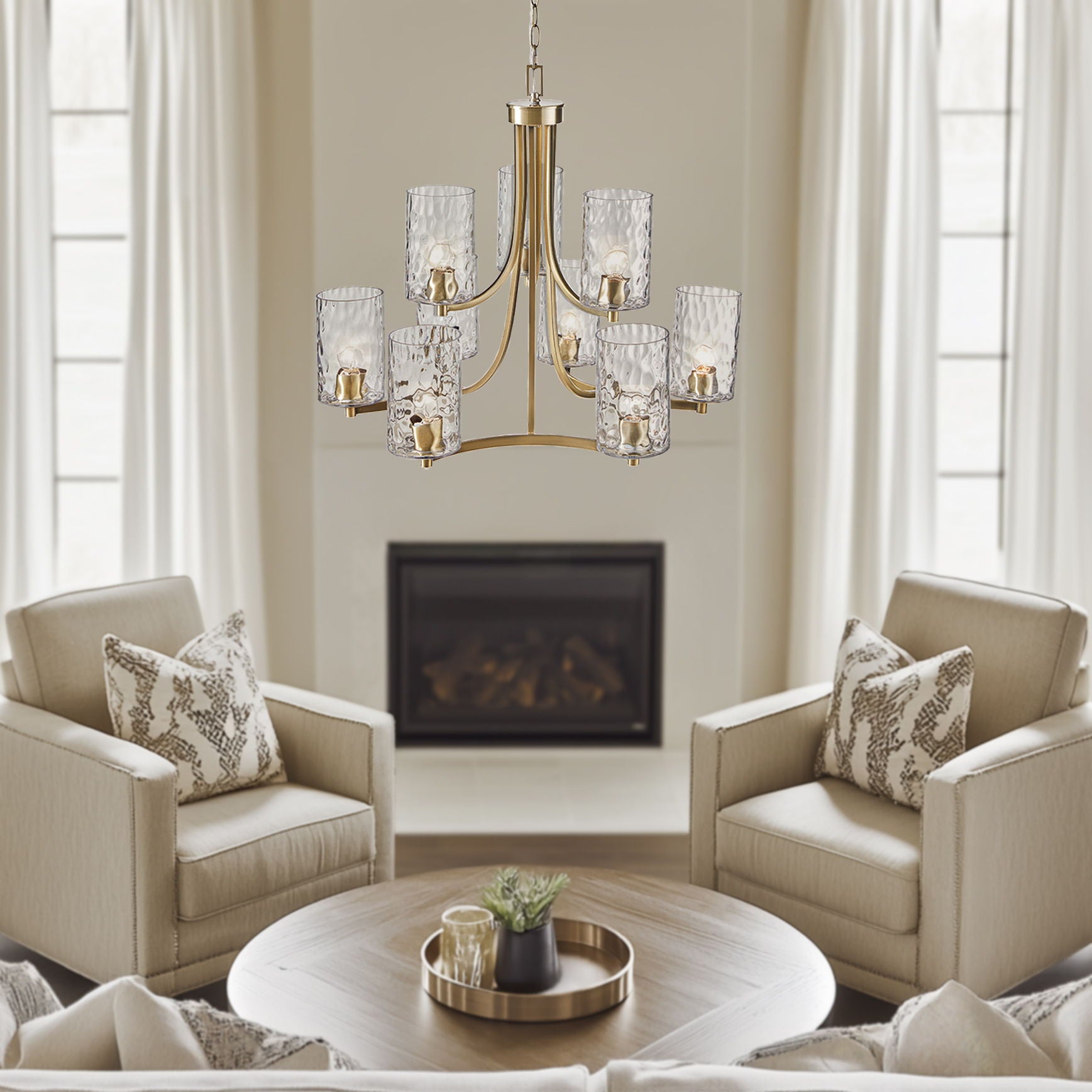 Opulentia - 9-Light Round Tiered Chandelier With Textured Glass Shades - Antique Brass