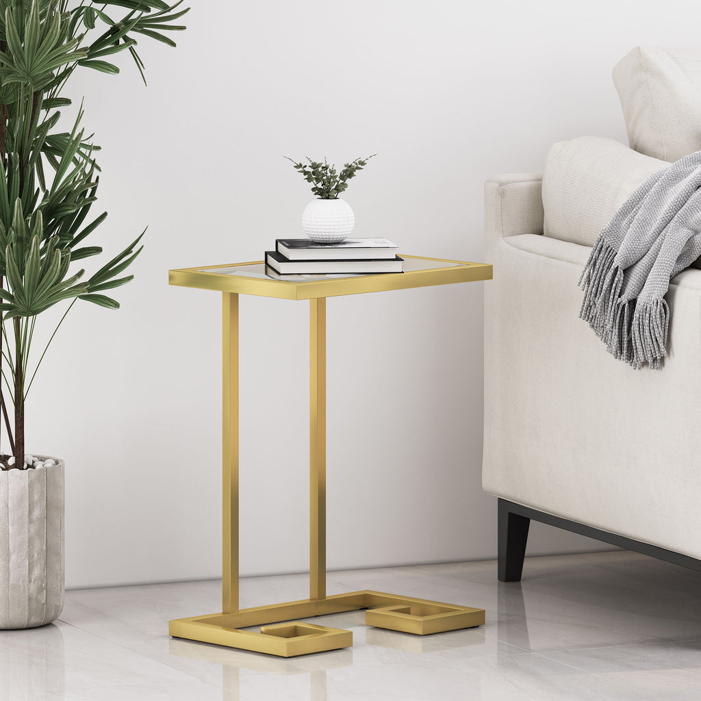 Modern Glam C Shaped End Table With Tempered Glass Top - Gold