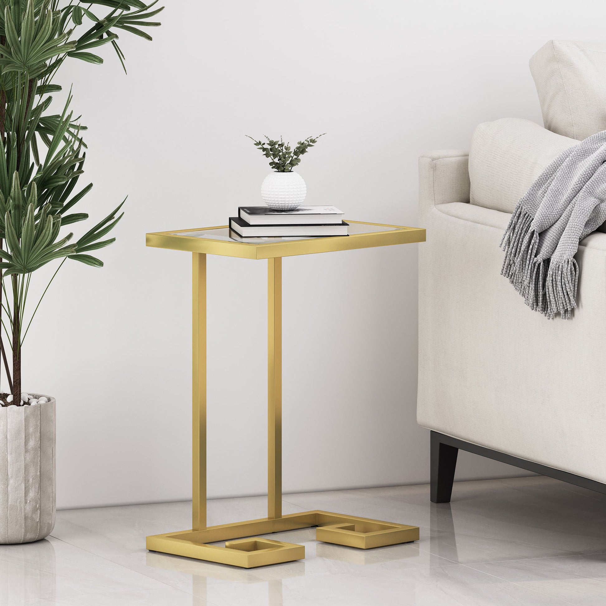Modern Glam C Shaped End Table With Tempered Glass Top - Gold