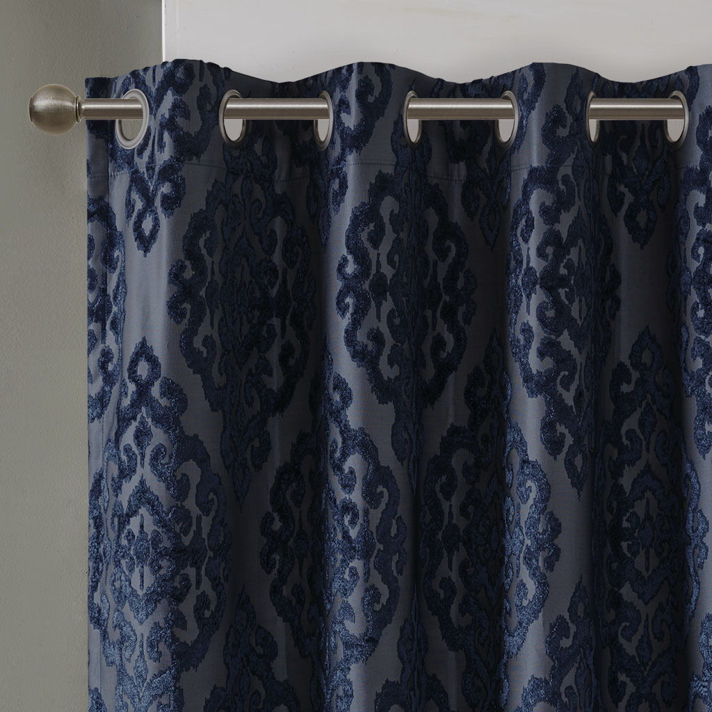 Mirage - 108" Knitted Damask Total Blackout Grommet Top Curtain Panel - Navy