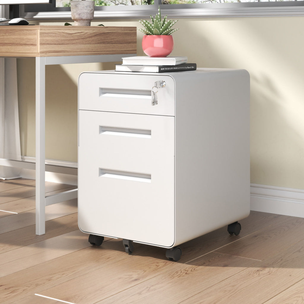 3-Drawer Mobile File Cabinet With Lock, On Casters, Holds A4/Letter Files