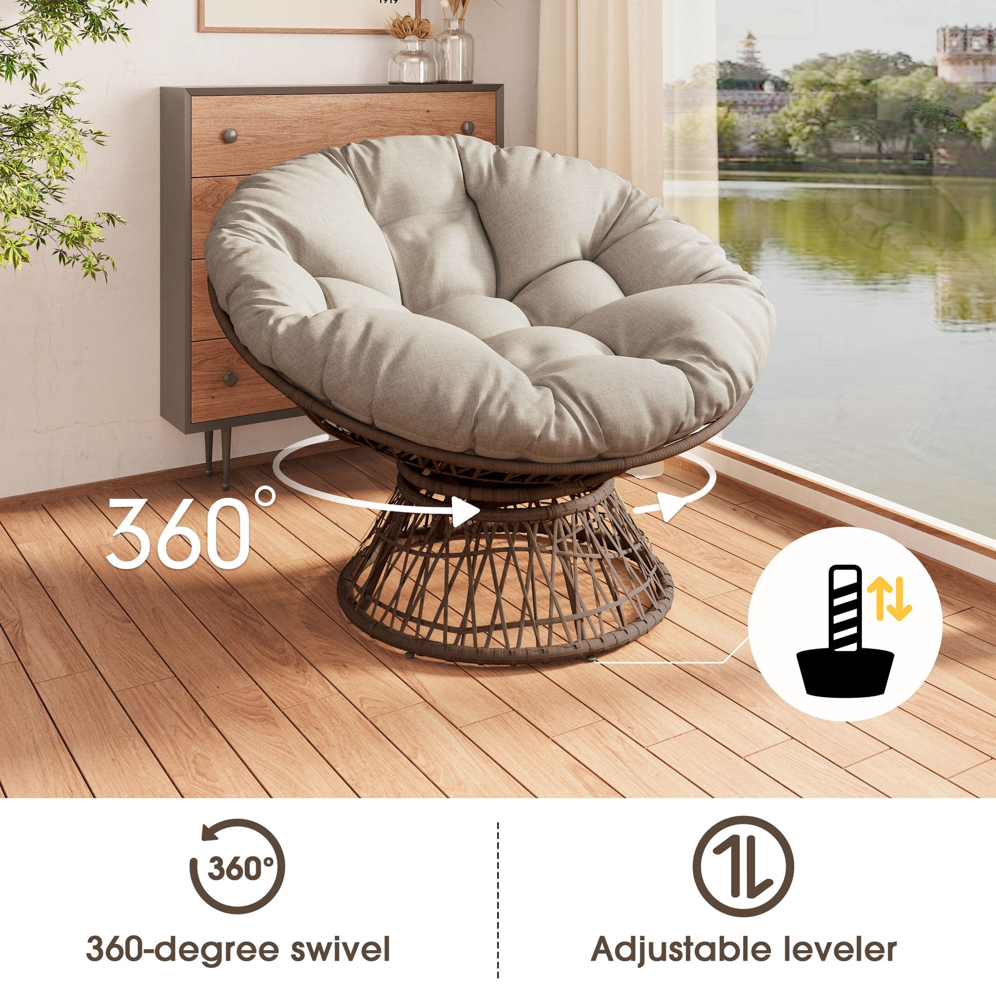 Ergonomic Wicker Chair With Cloud Thick Density Cushion, 3 Proof Cover High Capacity Iron Frame Fluid 360° Swivel