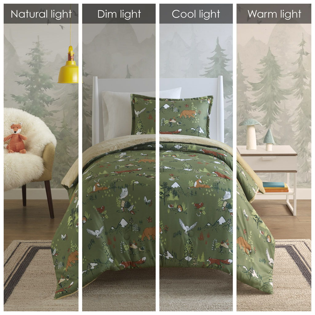 Heath - Forest Animals Plush Reversible Twin Comforter Set - Green