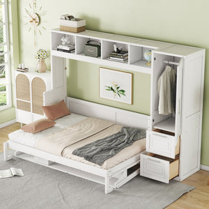 Full Size Murphy Wall Bed With Closet And Drawers - White