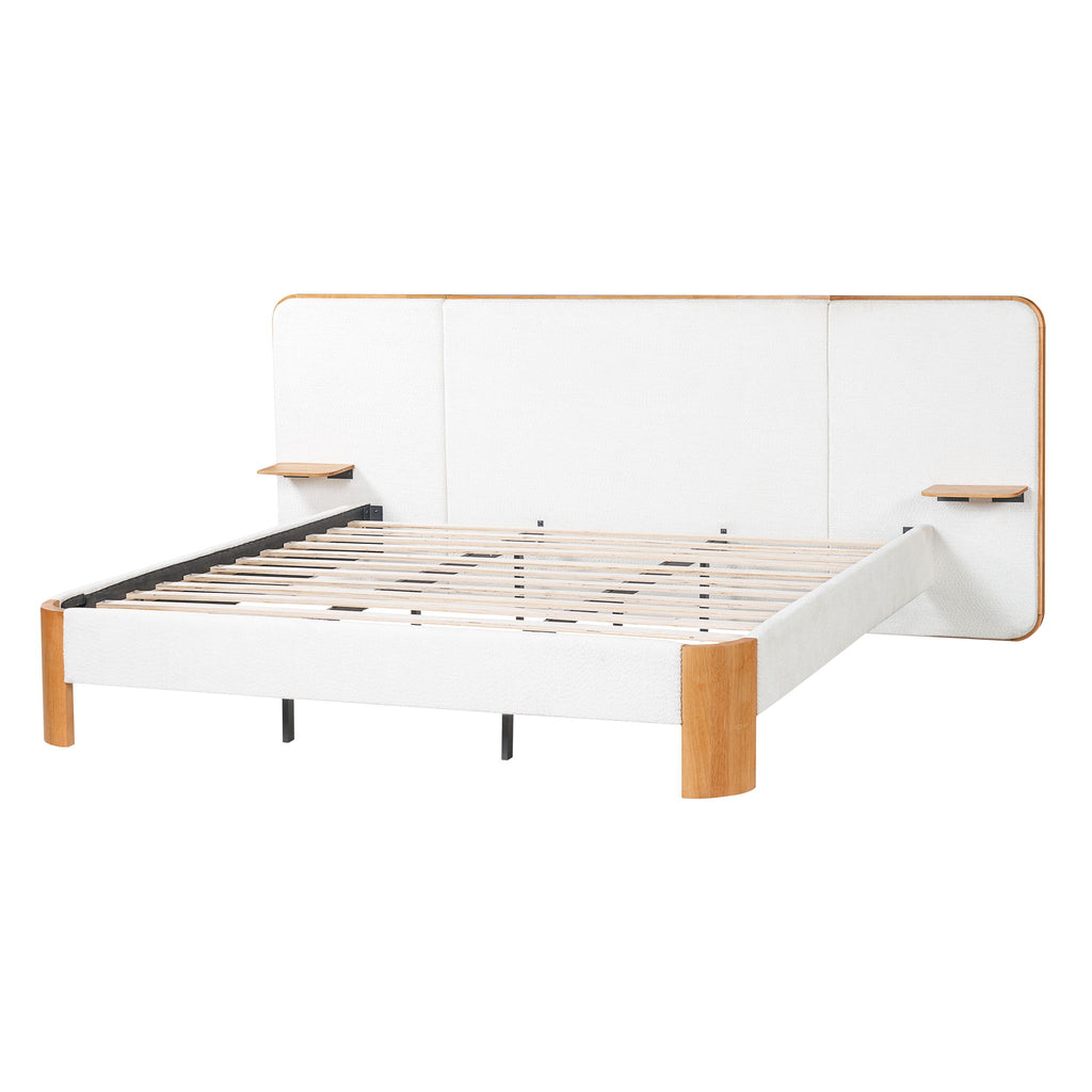 Upholstered Platform Bed Frame With Curved Headboard, Built-In Floating Shelves
