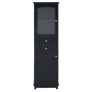 Tall Bathroom Storage Cabinet With Glass Doors, Free-Standing, Two Drawers, And Adjustable Shelves, Board, Painted Perfect For Displaying Your Favorite Items