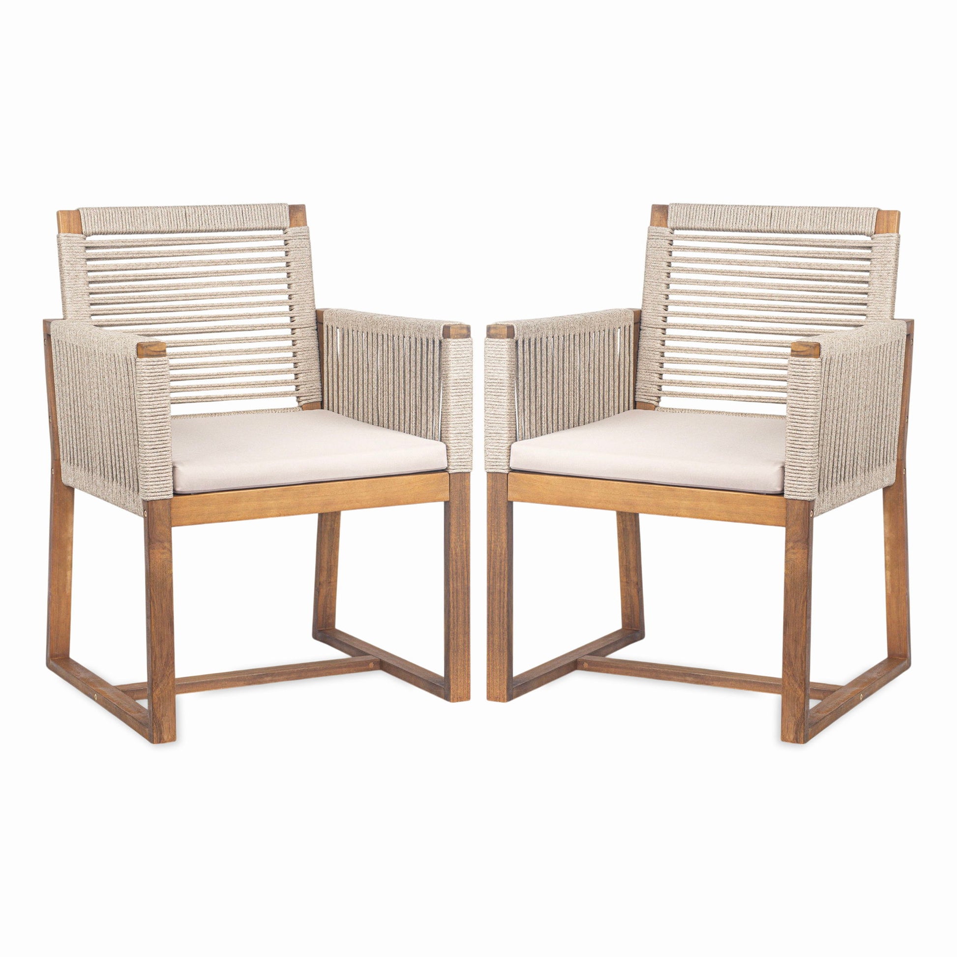 Acacia Wood Outdoor Dining Chairs (Set of 2) With Rope Design Back And Arms, Washable Cushion - Light Brown