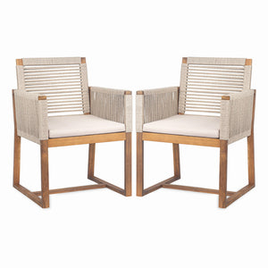 Acacia Wood Outdoor Dining Chairs (Set of 2) With Rope Design Back And Arms, Washable Cushion - Light Brown