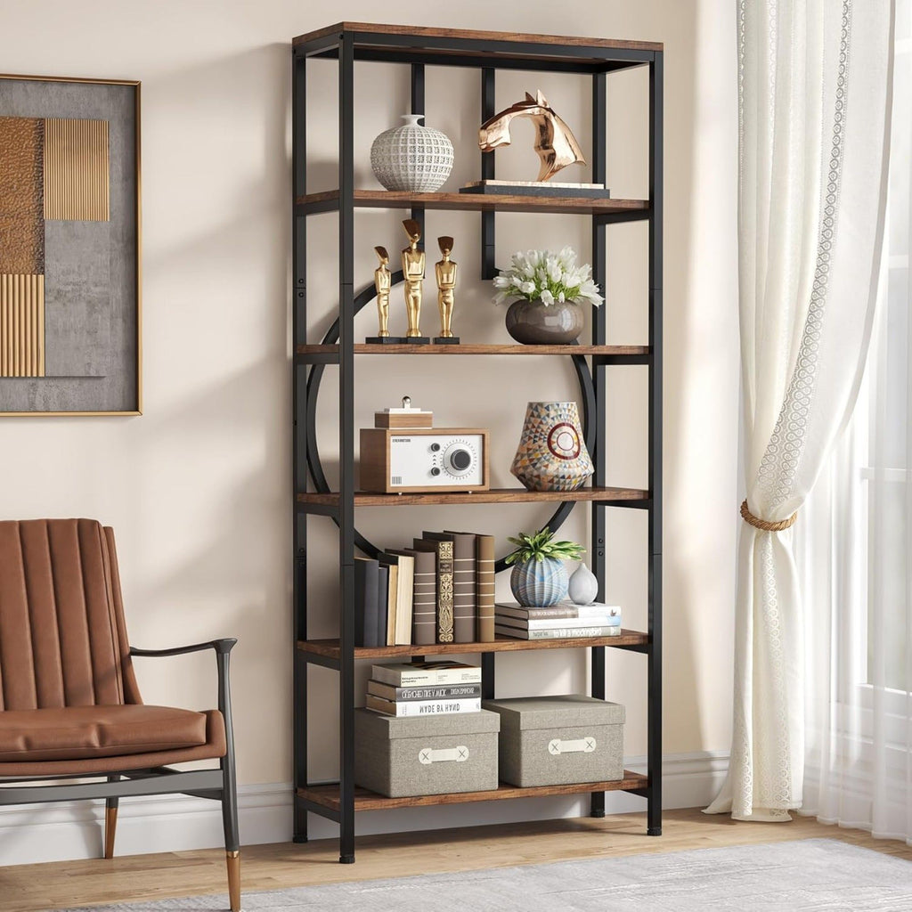 6 Tier Bookshelf For Living Room - Rustic Brown