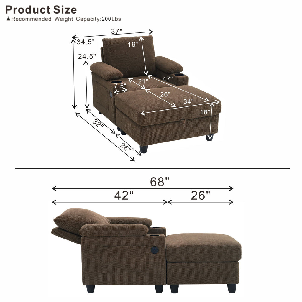 Accent Chair With Storage Ottoman, Reclining Single Chaise Lounge With Cupholders And USB, C Ports