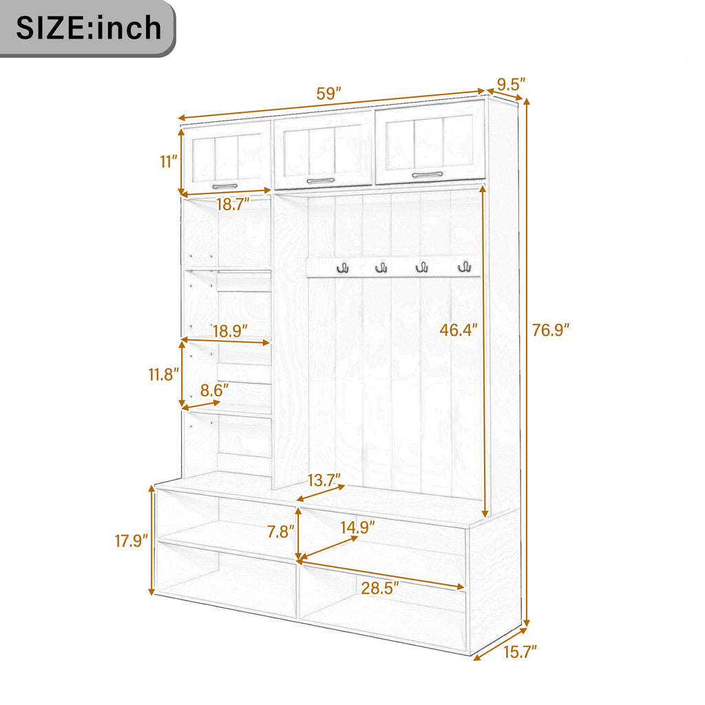 Hall Tree With Bench And Shoe Storage, 5 In 1 Entryway Bench With Coat Rack, Storage Organizer Cabinet With 4 Hooks For Hallway - Black