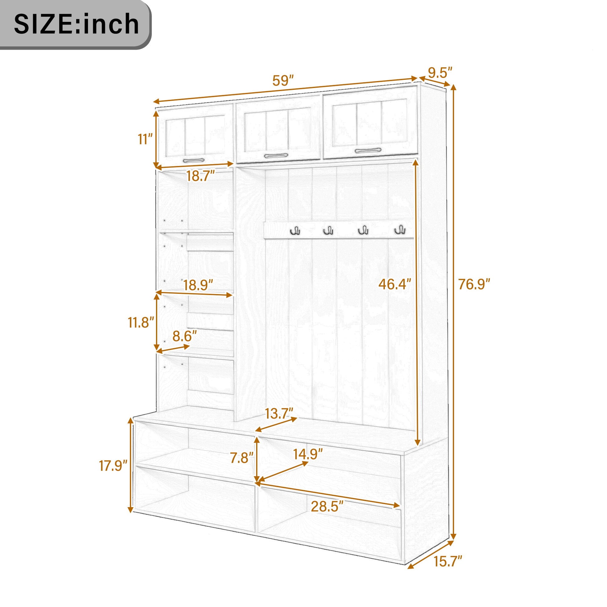 Hall Tree With Bench And Shoe Storage, 5 In 1 Entryway Bench With Coat Rack, Storage Organizer Cabinet With 4 Hooks For Hallway - Black
