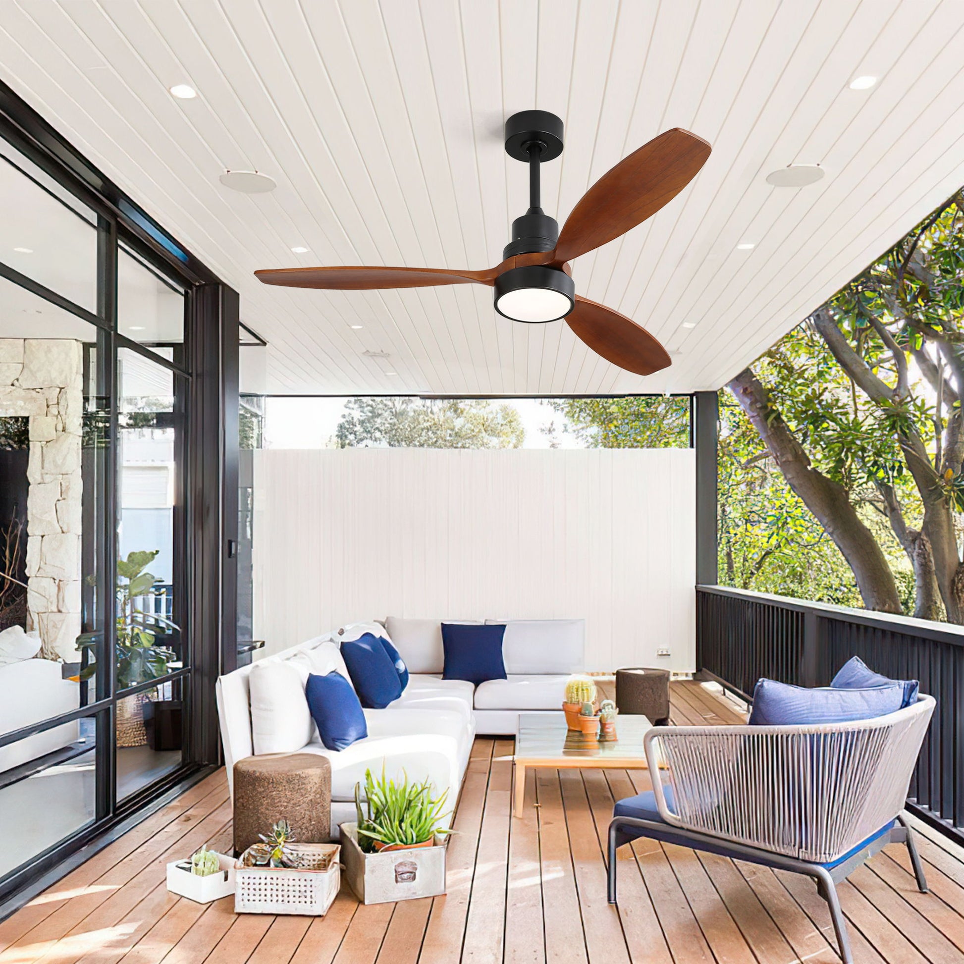 Wooden Ceiling Fan With 3 Solid Wood Blades Remote Control Reversible DC Motor With LED Light