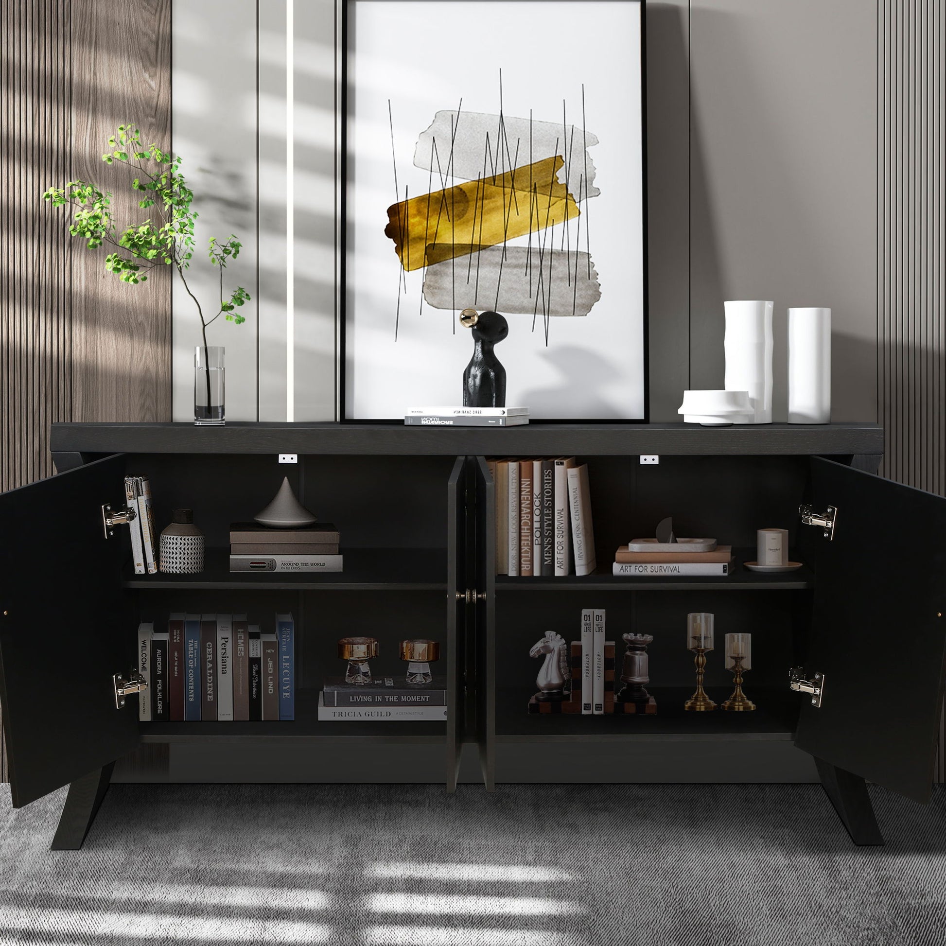 Refined Industrial 4 Door Credenza With Arc Legs & Clasps