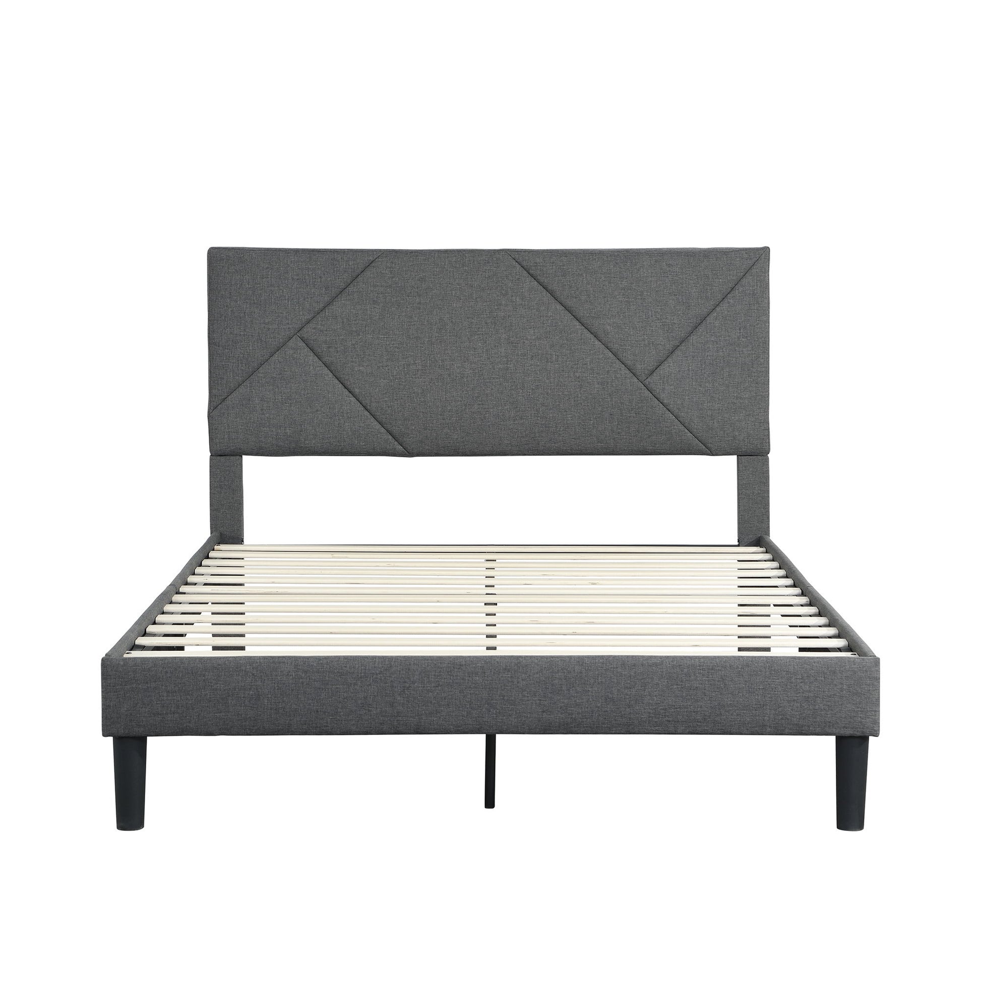 Upholstered Platform Bed Frame With Headboard, Wood Slat Support