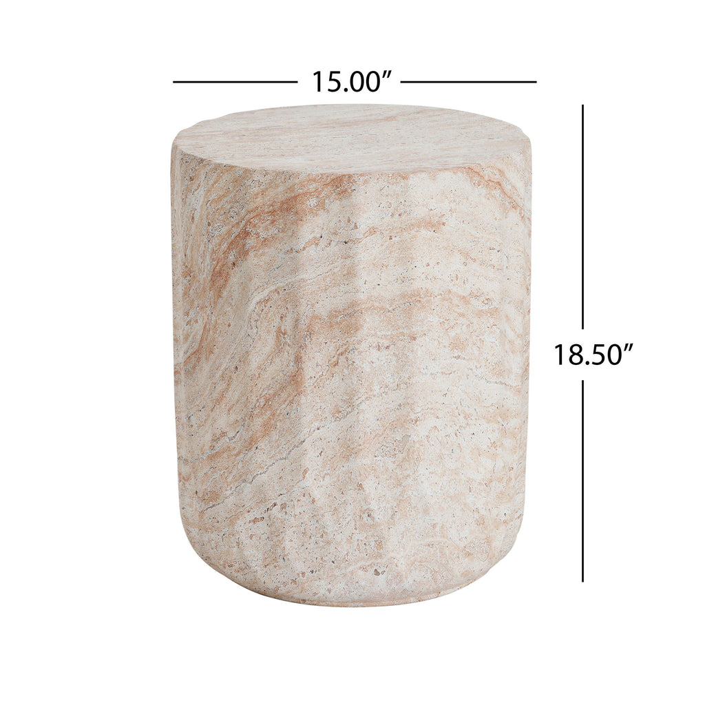 Outdoor / Indoor Lightweight Concrete Side Table, Cylinder Travertine Finish Accent Table - Beige