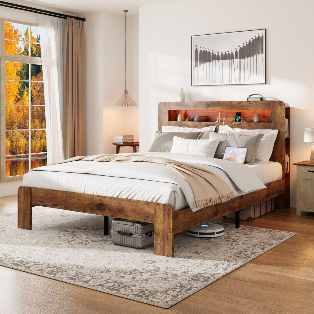 Wood Platform Bed Frame With Storage LED Light Headboard & USB