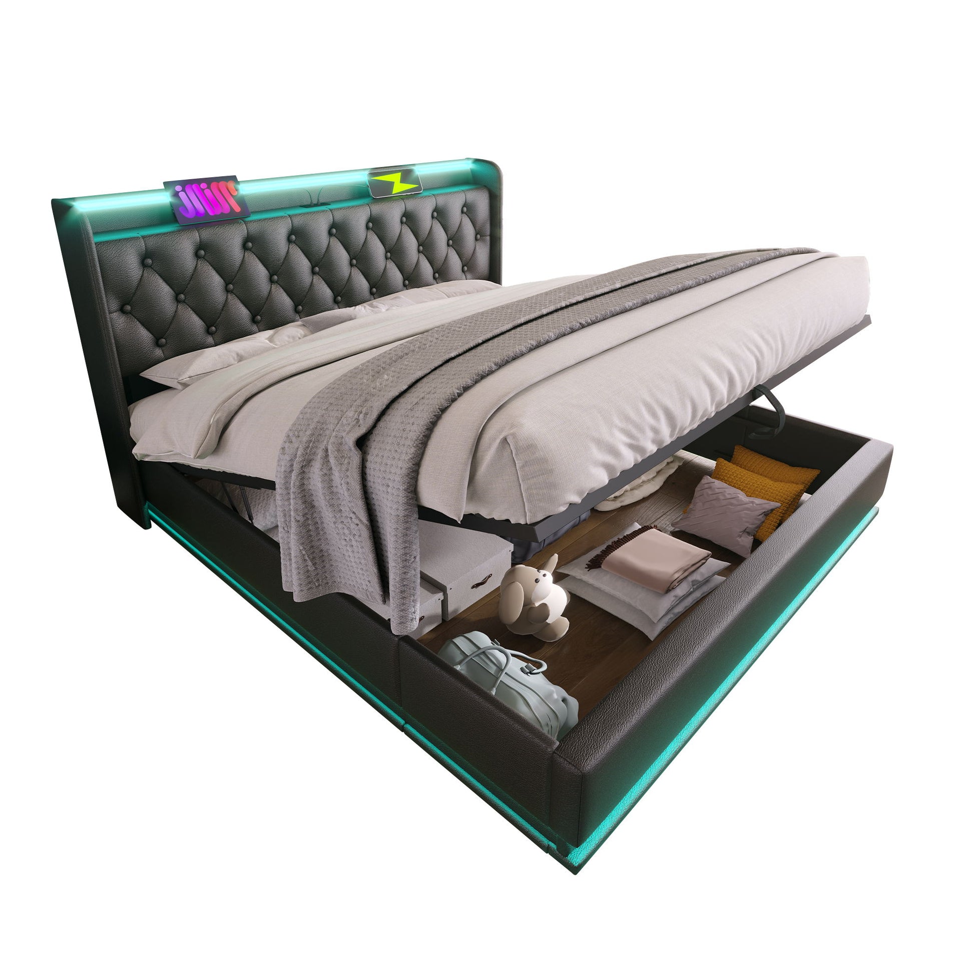 Upholstered Bed, 360 Surround LED Function, Remote Control, Hydraulic Storage Bed With USB, Type-C Charging (Without Mattress)