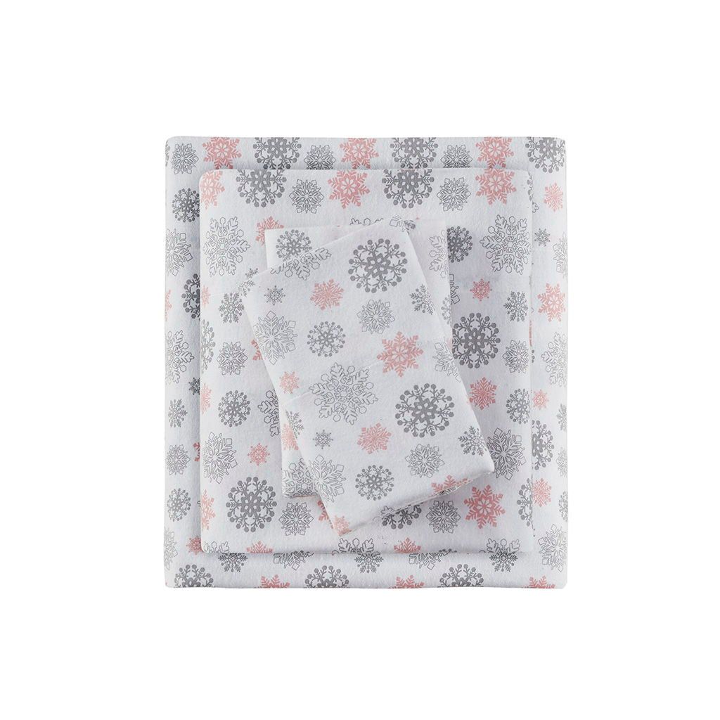 Cozy Flannel - Twin Long Sheet Set - Pink / Gray Snowflakes
