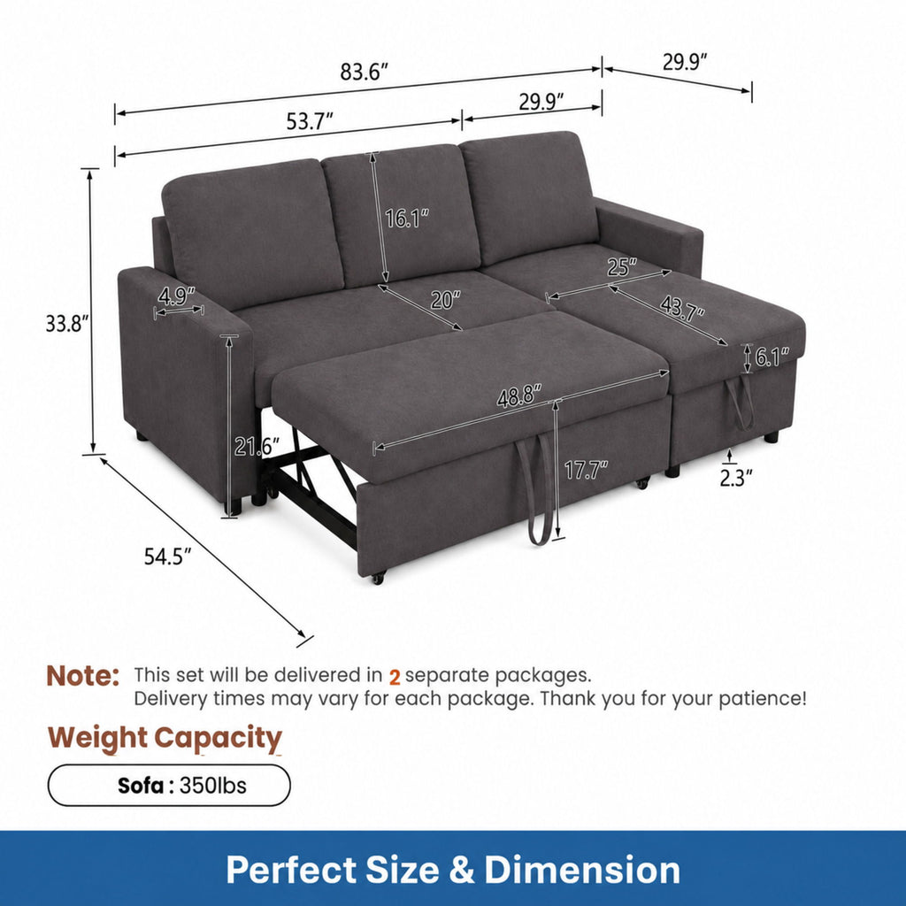 L - Shaped Convertible Sofa Bed With Storage Chaise