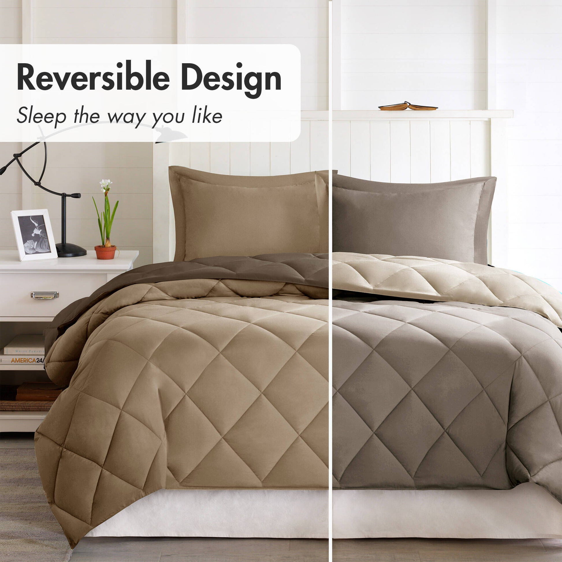 Larkspur - Twin 3M Scotchgard Diamond Quilting Reversible Down Alternative Comforter Set - Brown / Sand