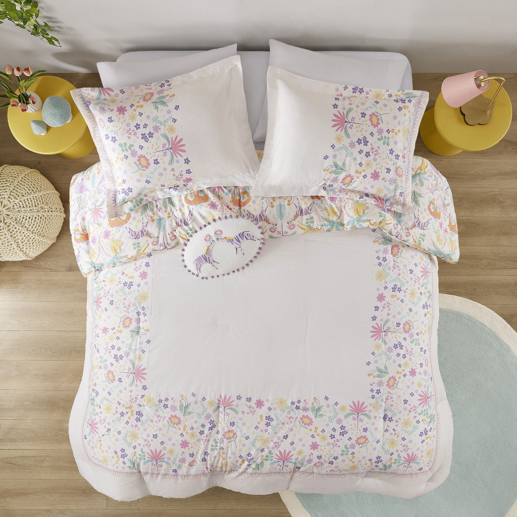 Lulu - Floral Reversible Cotton Twin Comforter Set With Throw Pillow - Purple