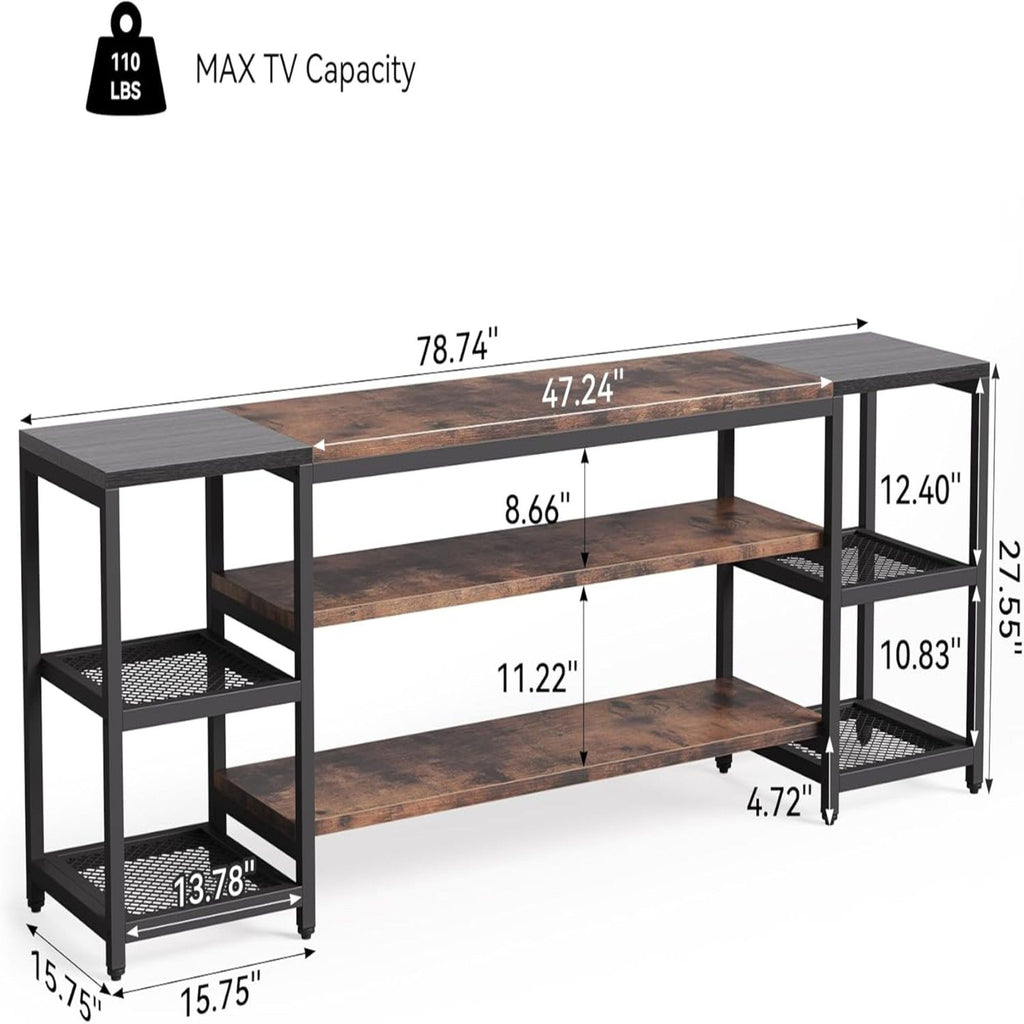 TV Stand For TVs, Extra Long With 3 Tier Ventilated Shelves - Rustic Brown