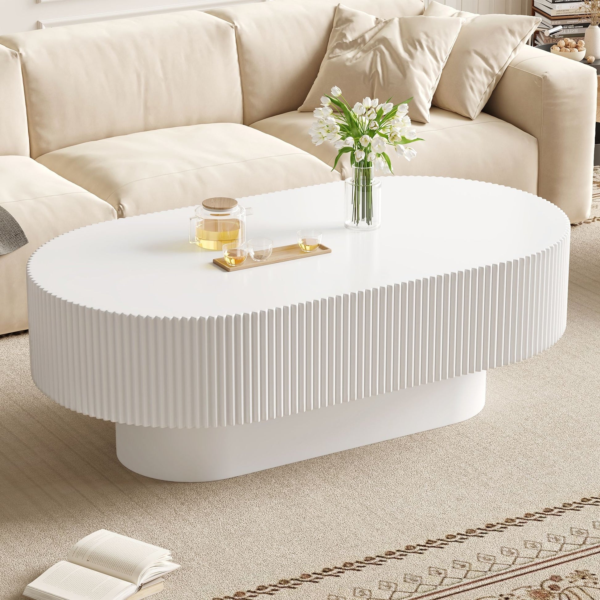 Oval Coffee Table With Thick Tabletop For Living Room