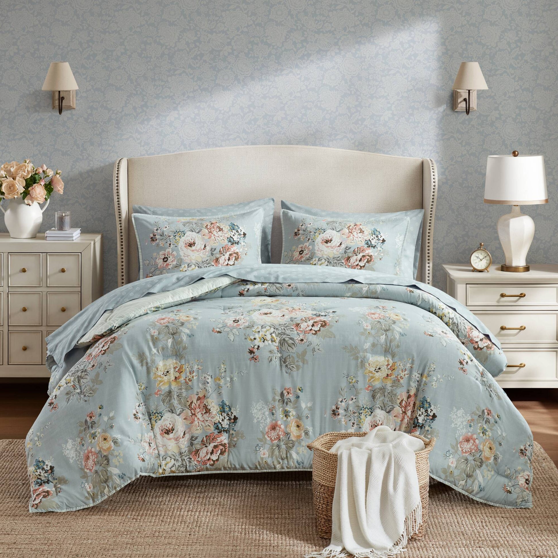 Heather - Queen 7 Piece Vintage-Inspired Floral Print - Soft Blue