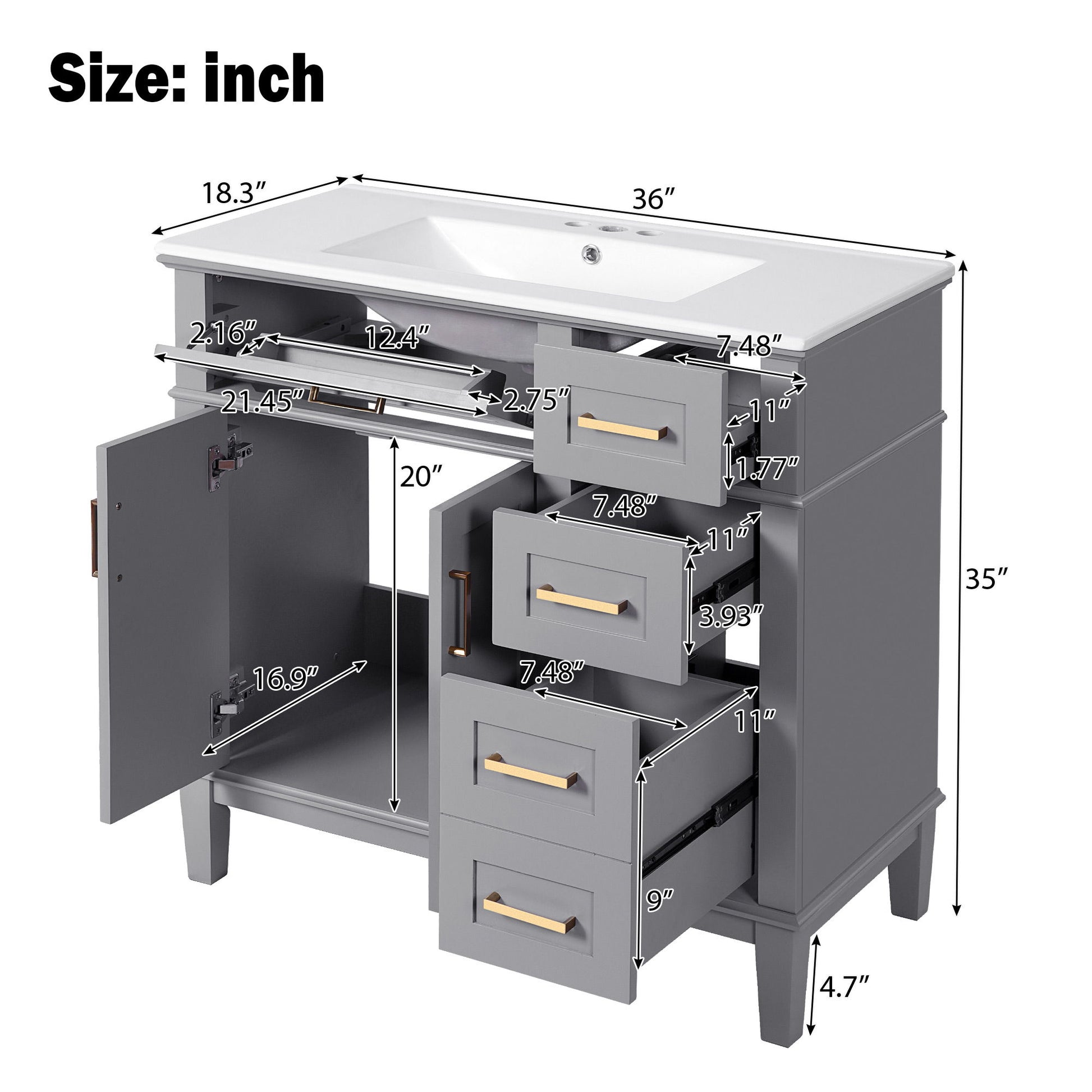 Modern Bathroom Vanity With Ceramic Sink, Soft Close Storage Cabinet