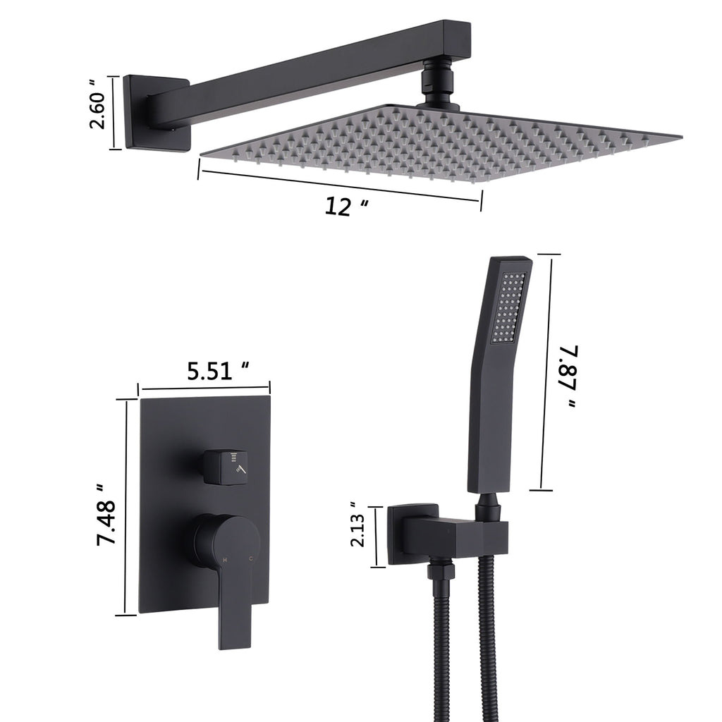 12" Ceiling Mount Shower System With Rain Mixer And Handheld Shower