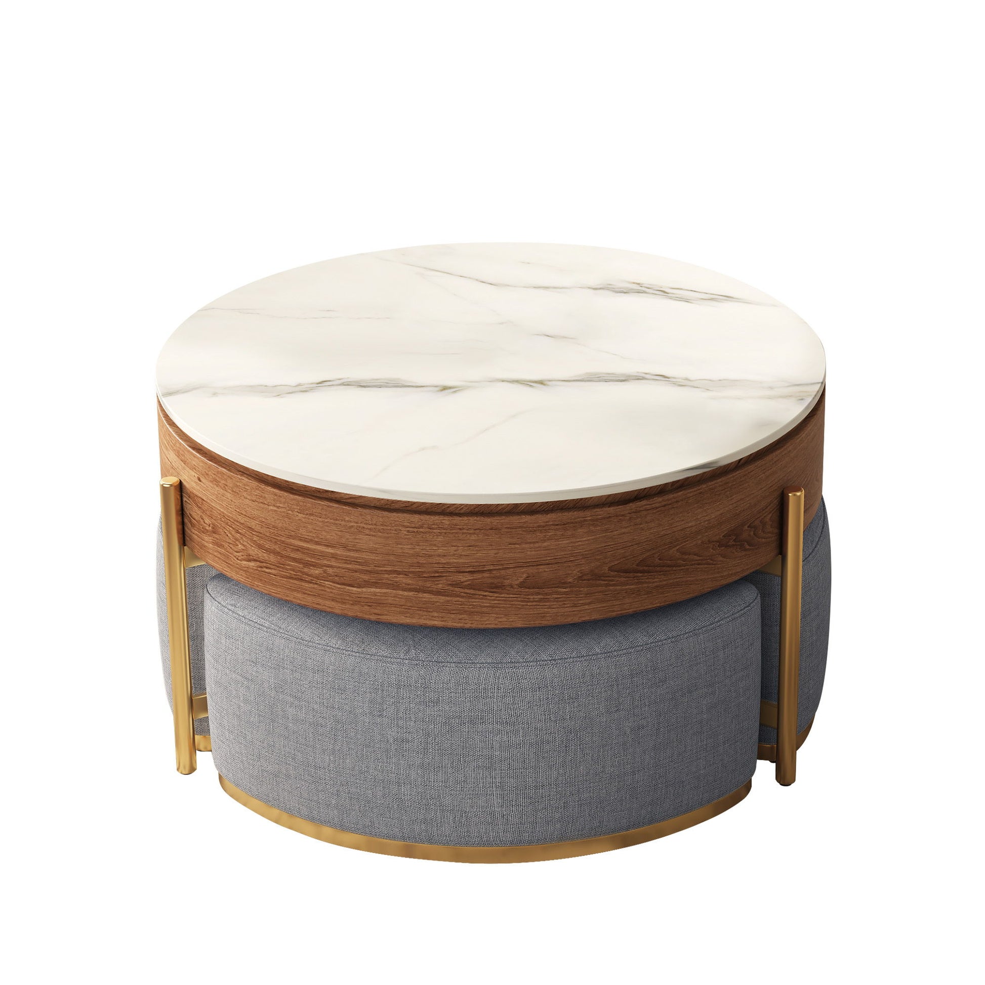 Lift Top Round Coffee Table With Hidden Storage, 3 Upholstered Nesting Ottomans - Brown / Gray / Golden / White