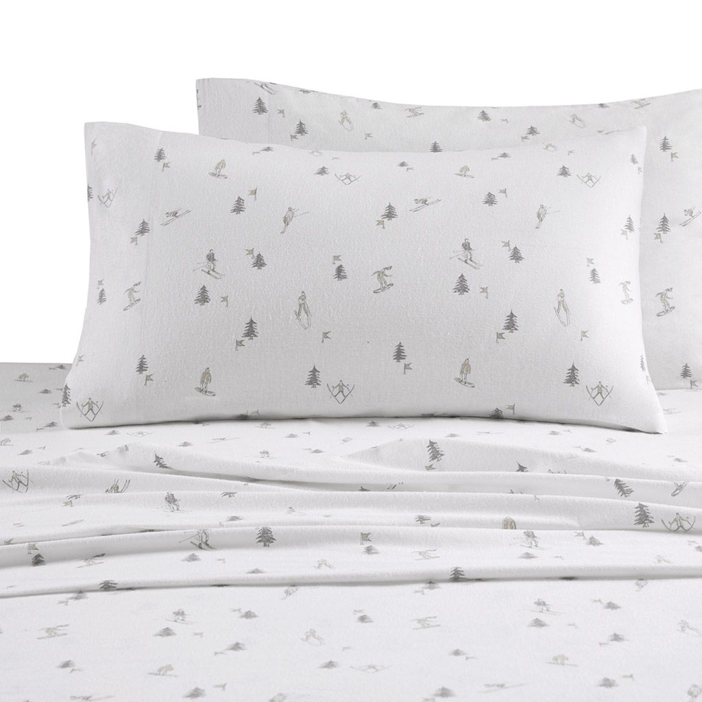 Cozy Cotton Flannel - Printed Full Sheet Set - Gray Skiers