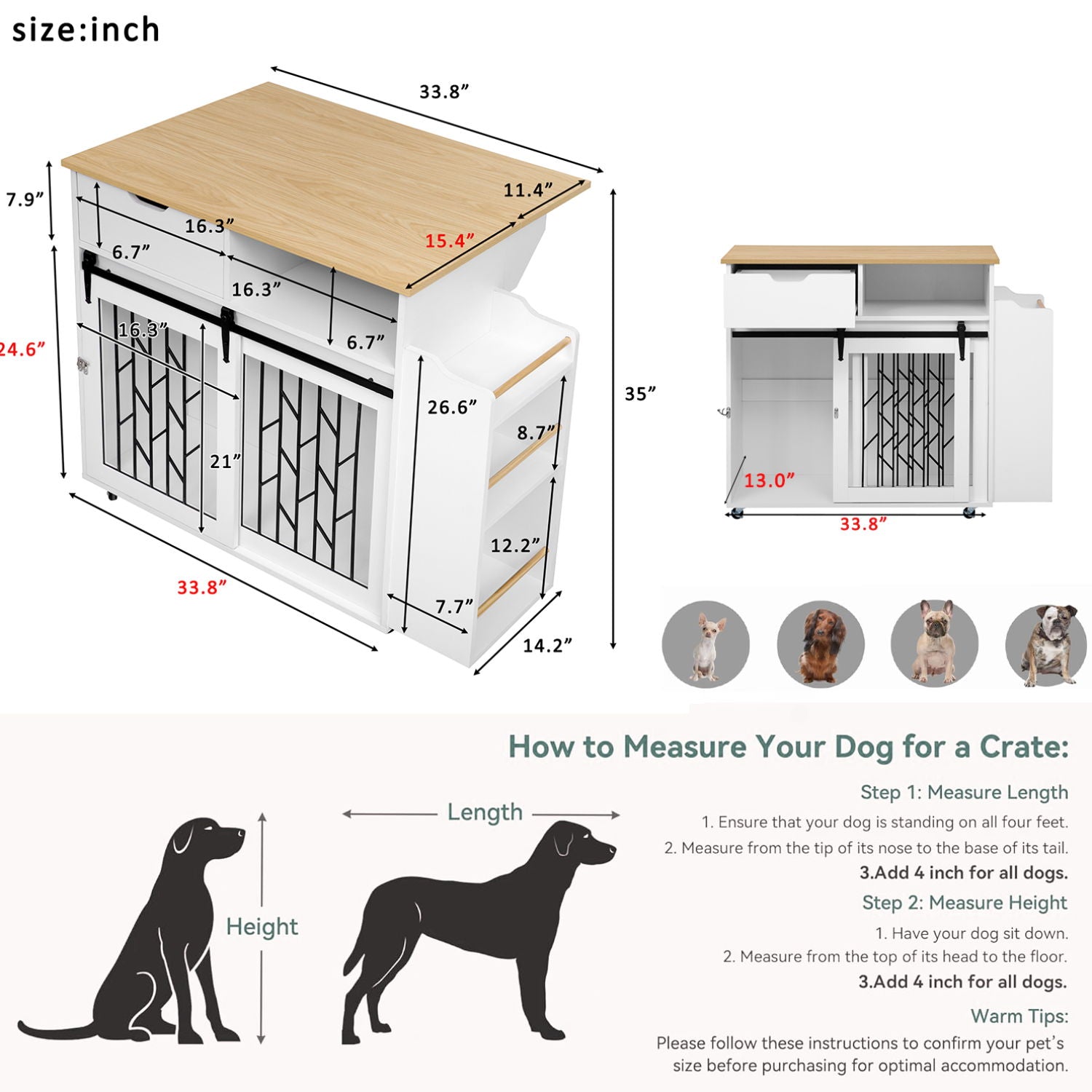 Modern Style 2 In 1 Pet Friendly Dog Crate Kitchen Island End Table Metal Pine - Natural / White