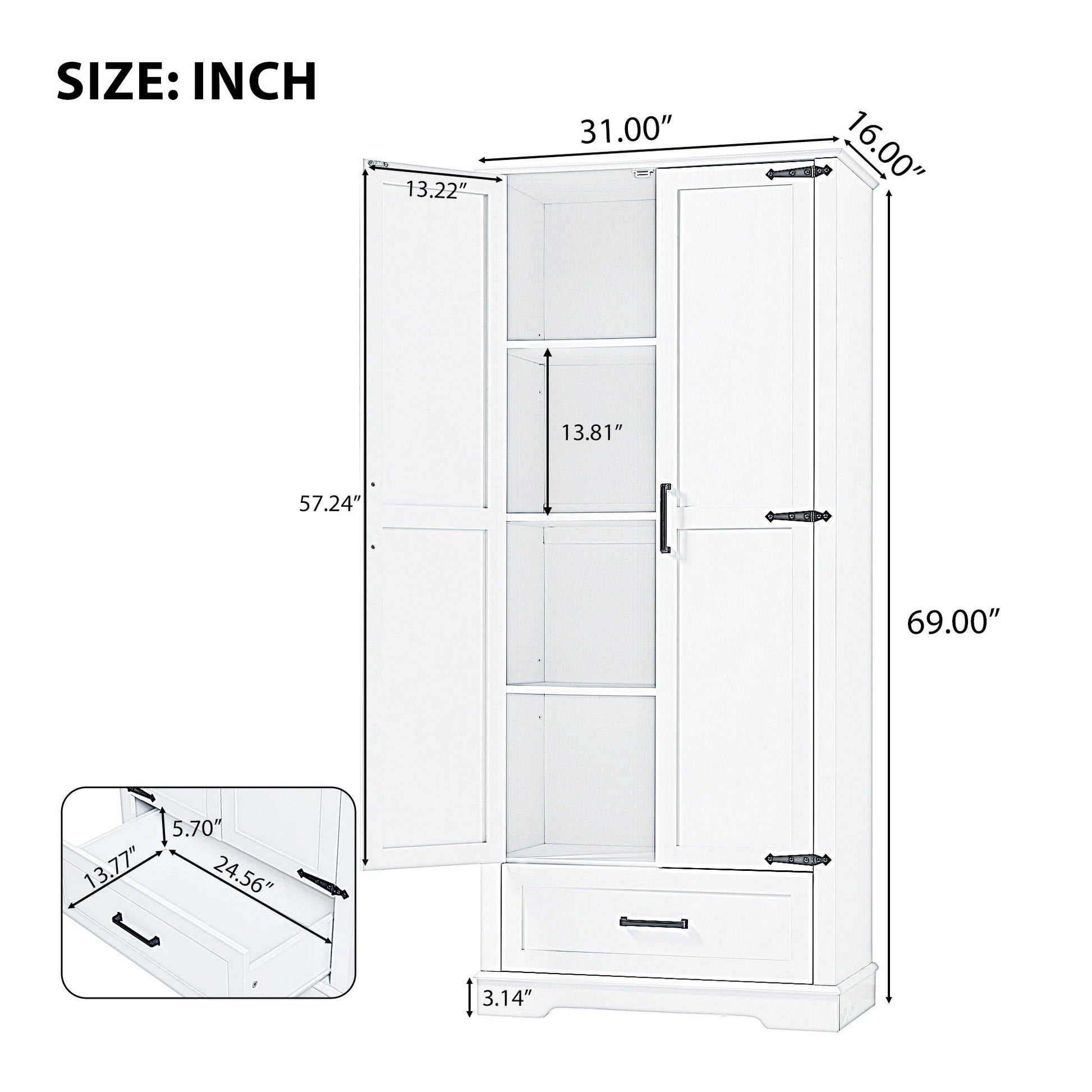 Tall Bathroom Storage Cabinet With 2 Doors And 2 Drawer, Adjustable Shelf - White