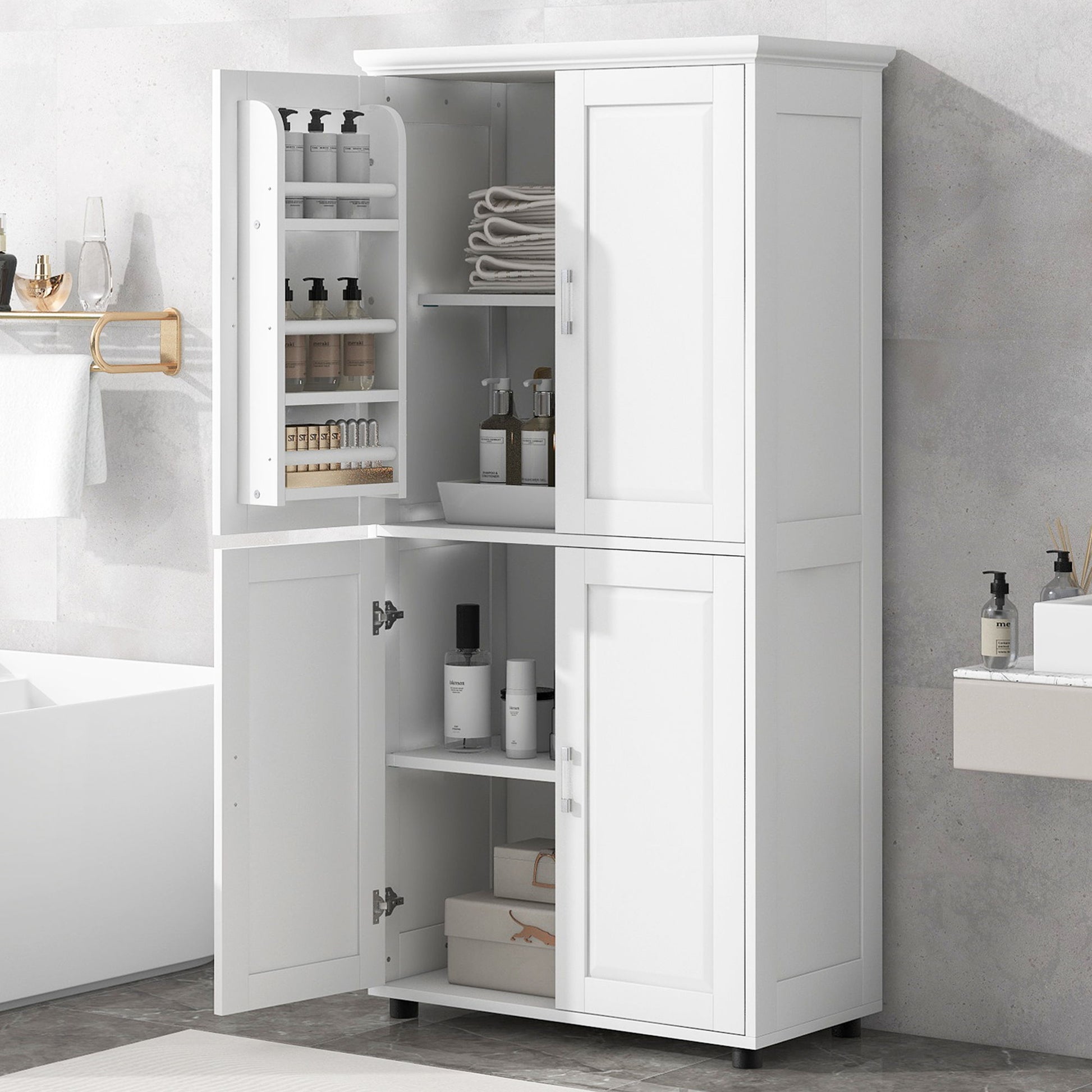 Tall And Wide Bathroom Floor Storage Cabinet With 4 Doors, Adjustable Shelves - White
